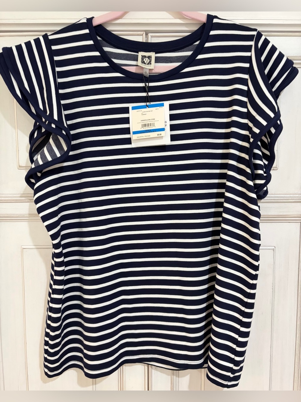 NWT SZ XL Anne Klein Navy and White Striped Ruffle Sleeve Top